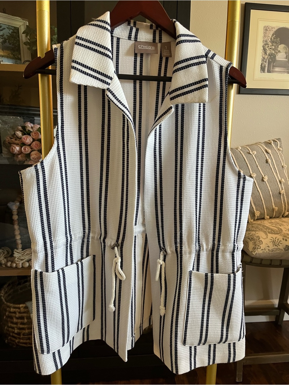 Chico's White and Navy Striped Knit Vest